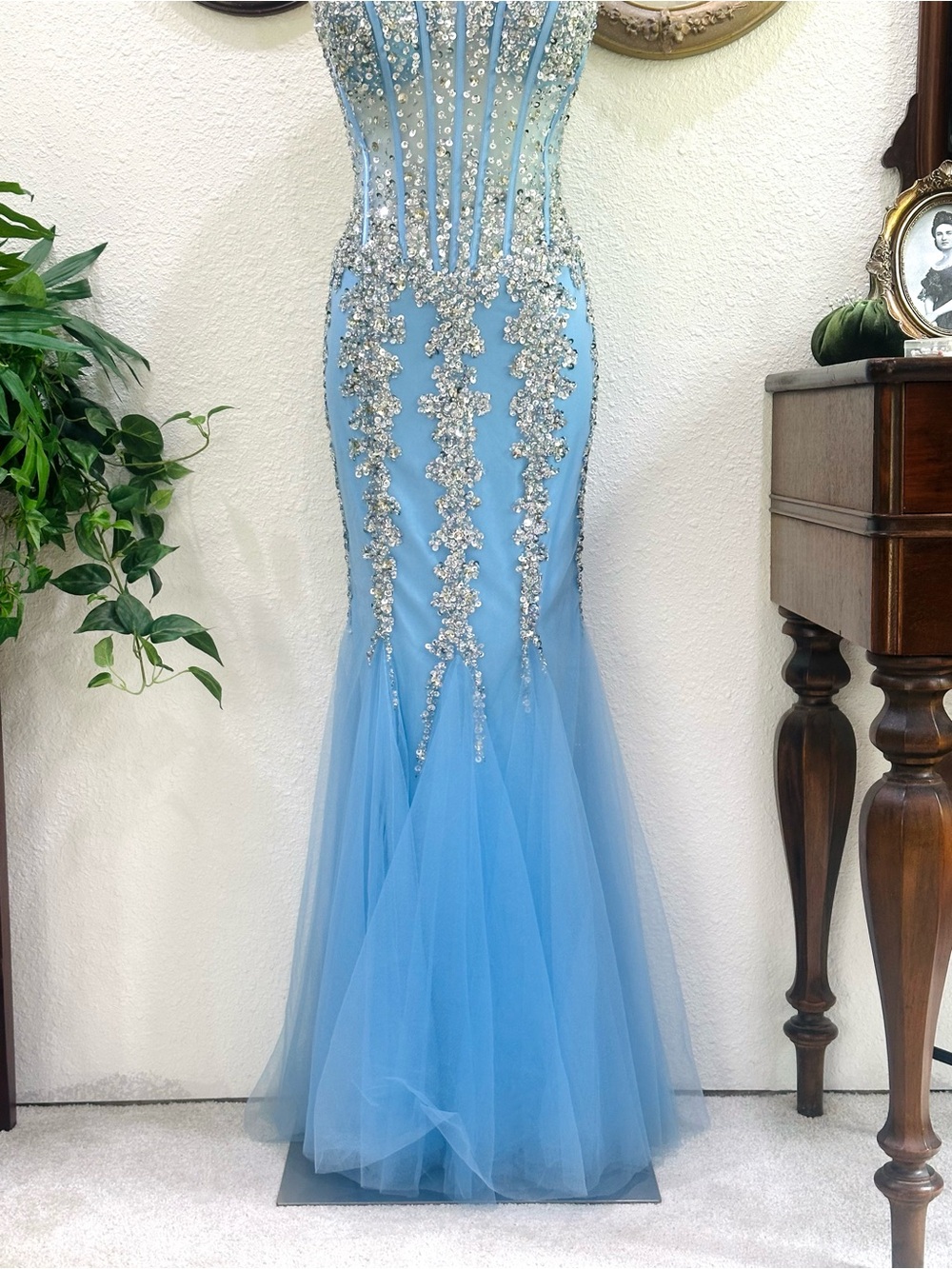 Jovani Light Blue Strapless Beaded Mermaid Gown - Picture 3 of 8